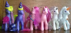 Size: 640x299 | Tagged: safe, princess crystal, princess silver swirl, princess twinkle star, pegasus, pony, unicorn, g2, comb, crystal ball, hennin, irl, photo, toy, twinkle star, wings