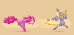 Size: 4000x1884 | Tagged: safe, artist:eosphorite, derpy hooves, pinkie pie, earth pony, pegasus, pony, g4, behaving like a dog, bipedal, chase, duo, food, hat, muffin, running, stealing