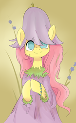 Size: 2000x3200 | Tagged: safe, artist:fikakorv, fluttershy, semi-anthro, g4, costume, female, flower, jewelry, solo