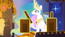 Size: 1277x720 | Tagged: safe, artist:tiarawhy, princess celestia, alicorn, earth pony, pegasus, pony, g4, armor, candle, crown, female, flash, jewelry, magic, male, mare, picture frame, regalia, royal guard, stallion