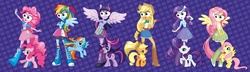 Size: 2048x593 | Tagged: safe, edit, applejack, fluttershy, pinkie pie, rainbow dash, rarity, twilight sparkle, anthro, equestria girls, g4, line-up, mane six, special eyes