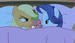 Size: 691x394 | Tagged: safe, edit, edited screencap, screencap, applejack, rarity, spike, dragon, earth pony, pony, unicorn, g4, look before you sleep, bed, bisexual, dragon x pony, female, golden oaks library, interspecies, lesbian, lesbian in front of boys, lucky bastard, male, ship:applespike, ship:sparijack, ship:sparity, shipping, spike gets all the mares, straight