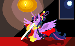 Size: 3632x2224 | Tagged: safe, alternate version, artist:foldawaywings, twilight sparkle, alicorn, pony, g4, cape, clothes, female, full moon, hoof shoes, mare, moon, peytral, sitting, solo, sword, twilight sparkle (alicorn)