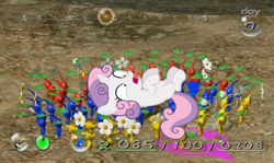 Size: 797x476 | Tagged: safe, sweetie belle, pikmin, pony, unicorn, g4, blue pikmin, female, filly, pikmin (series), red pikmin, scared, yellow pikmin