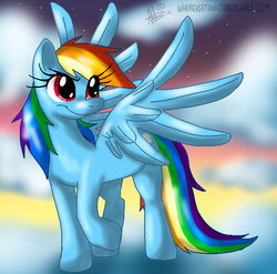 Size: 601x594 | Tagged: dead source, safe, artist:thepipefox, rainbow dash, pegasus, pony, g4, cloud, female, mare, raised hoof, sky, smiling, solo, spread wings, wings