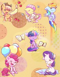 Size: 700x900 | Tagged: safe, artist:cheerubi, applejack, fluttershy, pinkie pie, rainbow dash, rarity, twilight sparkle, butterfly, earth pony, pegasus, pony, rabbit, unicorn, g4, abstract background, apple, balloon, book, cutie mark, fabric, female, flying, food, happy, horn, mane six, smiling, spread wings, wings