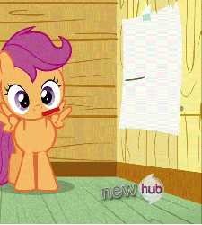 Size: 470x521 | Tagged: safe, scootaloo, pegasus, pony, g4, animated, check, check mark, clubhouse, crusaders clubhouse, cute, cutealoo, female, filly, hub logo, pencil, reaction image, red, solo, text