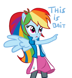 Size: 718x775 | Tagged: safe, artist:smile, rainbow dash, anthro, equestria girls, g4, my little pony equestria girls, bait, check em, clothes, cute, dashabetes, equestria girls prototype, female, image macro, ponied up, simple background, skirt, solo, this is bait, white background