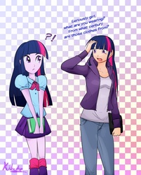 Size: 620x772 | Tagged: safe, artist:kibate, twilight sparkle, human, equestria girls, g4, dialogue, duo, exclamation point, humanized, interrobang, multiverse, question mark, self ponidox, twoiloight spahkle