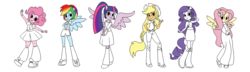 Size: 2000x579 | Tagged: safe, artist:robynne, applejack, fluttershy, pinkie pie, rainbow dash, rarity, twilight sparkle, human, equestria girls, g4, boots, clothes, equestria girls prototype, humanized, jeans, long skirt, mane six, pants, shoes, simple background, sketch, skirt, socks, twoiloight spahkle, white background, winged humanization, wings