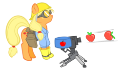 Size: 900x508 | Tagged: safe, artist:0r0ch1, artist:wanshitong, applejack, pony, g4, crossover, engineer, engineer (tf2), female, simple background, solo, team fortress 2, transparent background, turret, vector