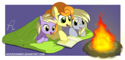 Size: 1292x618 | Tagged: safe, artist:hazurasinner, carrot top, derpy hooves, dinky hooves, golden harvest, pegasus, pony, g4, book, campfire, equestria's best mother, female, mare, signature, sleeping bag, underp, watermark