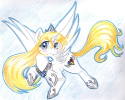 Size: 1285x1024 | Tagged: dead source, safe, artist:misschang, oc, oc only, alicorn, pony, abstract background, crown, female, hoof shoes, jewelry, mare, peytral, princess iride, regalia, smiling, solo, spread wings, traditional art, wings