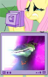 Size: 374x600 | Tagged: safe, fluttershy, g4, exploitable meme, fluttercry, heroic sacrifice, leatherhead, spoilers for another series, teenage mutant ninja turtles, tmnt 2012, tv meme