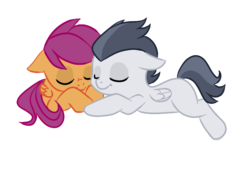 Size: 604x412 | Tagged: safe, artist:elslowmo, artist:jessy, rumble, scootaloo, g4, female, male, ship:rumbloo, shipping, sleeping, straight