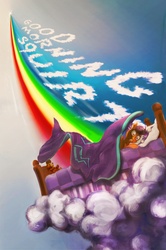 Size: 1126x1695 | Tagged: safe, artist:miradge, rainbow dash, scootaloo, g4, bed, blanket, cloud, cloud sculpting, flying, morning, rainbow, shocked, text, waking up