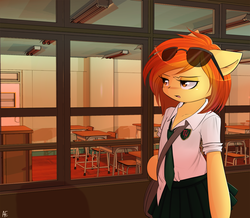 Size: 2578x2250 | Tagged: safe, artist:spittfireart, spitfire, pony, semi-anthro, g4, bipedal, clothes, desk, school, school uniform, schoolgirl, skirt, sunglasses, window