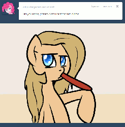 Size: 650x660 | Tagged: safe, artist:slavedemorto, oc, oc only, oc:backy, earth pony, pony, animated, ask, elbow, female, licking, looking at you, mare, simple background, solo, tongue out, tumblr