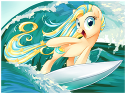 Size: 1333x1000 | Tagged: safe, artist:centchi, oc, oc only, oc:star ocean, pony, cute, multicolored mane, solo, surfboard, surfing, water, wave