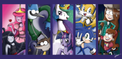 Size: 2669x1306 | Tagged: safe, artist:the-butch-x, princess celestia, twilight sparkle, pony, g4, adventure time, crossover, gravity falls, mabel pines, male, marceline, miles "tails" prower, mordecai, mordecai and rigby, princess bubblegum, regular show, rigby (regular show), sonic the hedgehog, sonic the hedgehog (series), wendy corduroy