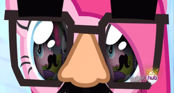 Size: 1360x728 | Tagged: safe, screencap, pinkie pie, earth pony, pony, g4, magical mystery cure, close-up, female, glasses, groucho mask, hub logo, logo, mare, moustache, solo, the hub, wallpaper