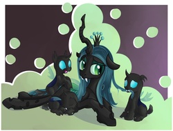 Size: 1582x1200 | Tagged: safe, artist:postscripting, queen chrysalis, changeling, changeling queen, nymph, g4, crown, cute, cutealis, cuteling, eyes closed, female, hair bite, happy, jewelry, male, mommy chrissy, mother, open mouth, proud, regalia, smiling, sweet dreams fuel, when she smiles