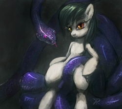 Size: 910x812 | Tagged: safe, artist:grissaecrim, oc, oc only, earth pony, pony, snake, semi-anthro, female, mare, solo