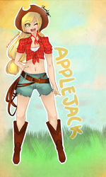Size: 684x1143 | Tagged: dead source, safe, applejack, human, g4, boots, closed, clothes, cowboy boots, cowboy hat, female, grass, hat, humanized, one eye closed, open mouth, shoes, sky, solo