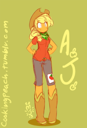 Size: 408x600 | Tagged: safe, artist:miu, applejack, anthro, g4, ambiguous facial structure, applejack's hat, clothes, cowboy hat, female, hat, no nose, simple background, smiling, solo