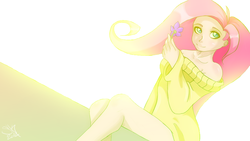 Size: 848x478 | Tagged: safe, fluttershy, human, g4, clothes, female, flower, humanized, solo, sweater, sweatershy