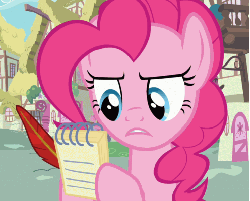 Size: 496x400 | Tagged: safe, screencap, pinkie pie, earth pony, pony, a friend in deed, g4, season 2, animated, cropped, dexterous hooves, female, loop, mare, notepad, ponyville, quill, solo, writing