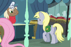 Size: 387x260 | Tagged: safe, screencap, caboose, derpy hooves, fluttershy, pegasus, pony, g4, putting your hoof down, animated, background characters doing background things, bag, butt, female, mare, muffin, muffin denial, plot, sad, saddle bag