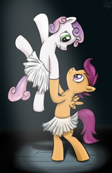 Size: 800x1232 | Tagged: safe, artist:brainedbysaucepans, scootaloo, sweetie belle, g4, ballet, clothes, eye contact, female, flexible, holding, lesbian, raised leg, ship:scootabelle, shipping, tutu