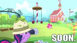 Size: 663x372 | Tagged: safe, edit, edited screencap, screencap, pinkie pie, twilight sparkle, earth pony, pony, feeling pinkie keen, g4, binoculars, caption, flower, safari hat, soon, text