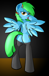 Size: 3438x5340 | Tagged: safe, artist:jade meteor, oc, oc only, pegasus, pony, semi-anthro, back, boop, butt, clothes, featureless crotch, female, latex, latex socks, looking back, mare, plot, self-boop, socks, solo, spread wings, tongue out, wings