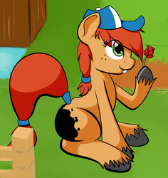 Size: 2664x2820 | Tagged: dead source, safe, artist:jade meteor, oc, oc only, oc:pippy, earth pony, baseball cap, bucktooth, cap, colored hooves, earth pony oc, female, flower, freckles, grass, green eyes, hat, hoof hold, mare, minecraft, ponytail, rose, sitting, solo, unshorn fetlocks