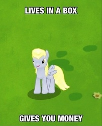 Size: 396x488 | Tagged: safe, gameloft, derpy hooves, pegasus, pony, g4, caption, element of generosity, female, good filly derpy, good guy greg, image macro, mare, solo