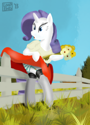 Size: 800x1114 | Tagged: safe, artist:pijinpyon, rarity, pony, unicorn, g4, bipedal, clothes, female, fence, flower, skirt, solo, stockings, upskirt