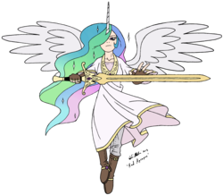 Size: 2789x2434 | Tagged: safe, artist:redapropos, princess celestia, human, g4, horn, horned humanization, humanized, princess celestia's sword, simple background, solo, sword, transparent background, warrior celestia, weapon, winged humanization