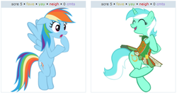 Size: 573x304 | Tagged: safe, artist:jerick, artist:klaifferon, lyra heartstrings, rainbow dash, g4, dancing, exploitable meme, irish, juxtaposition, juxtaposition win, saint patrick's day, simple background, vector, white background