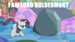 Size: 576x324 | Tagged: safe, edit, edited screencap, screencap, rarity, tom, g4, the return of harmony, frown, glare, gritted teeth, harry potter (series), hub logo, messy mane, pun, voldemort