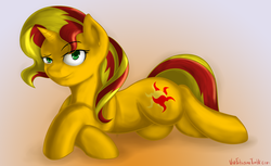 Size: 3353x2057 | Tagged: safe, artist:vivofortissimo, sunset shimmer, pony, unicorn, g4, female, looking at you, lying down, smirk, solo