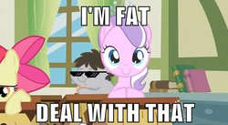 Size: 484x266 | Tagged: safe, apple bloom, diamond tiara, truffle shuffle, g4, colt, deal with it, fat, female, filly, foal, image macro, male, sunglasses, teacher's pet