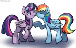 Size: 1712x1080 | Tagged: safe, artist:pippy, rainbow dash, twilight sparkle, alicorn, pegasus, pony, g4, cheek kiss, duo, eyes closed, feather, female, kissing, lesbian, lip bite, mare, one eye closed, ship:twidash, shipping, simple background, transparent background, twilight sparkle (alicorn)