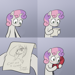 Size: 2000x2000 | Tagged: safe, artist:johnjoseco, princess celestia, sweetie belle, g4, blushing, call me for a good time, comic, exploitable meme, meme, phone, sweetie's note meme