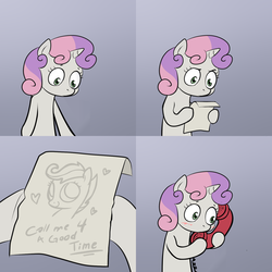 Size: 2000x2000 | Tagged: safe, scootaloo, sweetie belle, g4, blushing, call me for a good time, comic, exploitable meme, female, lesbian, meme, paper, phone, ship:scootabelle, shipping, sweetie's note meme