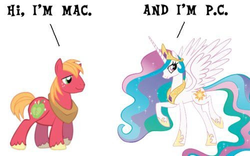 Size: 500x312 | Tagged: safe, big macintosh, princess celestia, earth pony, pony, g4, macintosh (computer), male, pc, pun, raised hoof, raised leg, smiling, spread wings, stallion