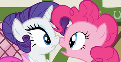 Size: 944x487 | Tagged: safe, screencap, pinkie pie, rarity, g4, boop, nose wrinkle