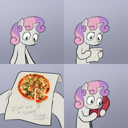 Size: 600x600 | Tagged: safe, sweetie belle, g4, blushing, call me for a good time, comic, exploitable meme, meme, phone, pizza, sweetie's note meme