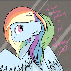 Size: 1024x1024 | Tagged: safe, artist:dozymouse, rainbow dash, pony, g4, alternate hairstyle, female, ponytail, solo, text, wat